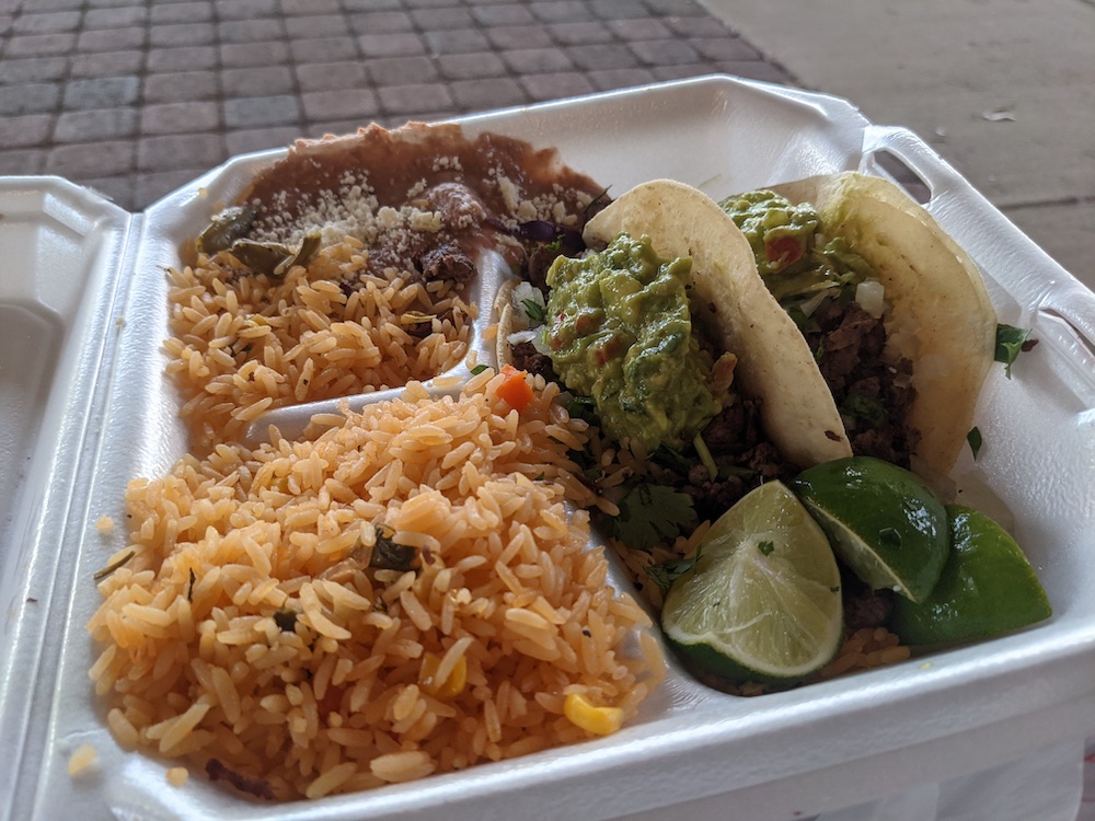 Carne Asada Tacos and rice and beans from MexiRican food truck