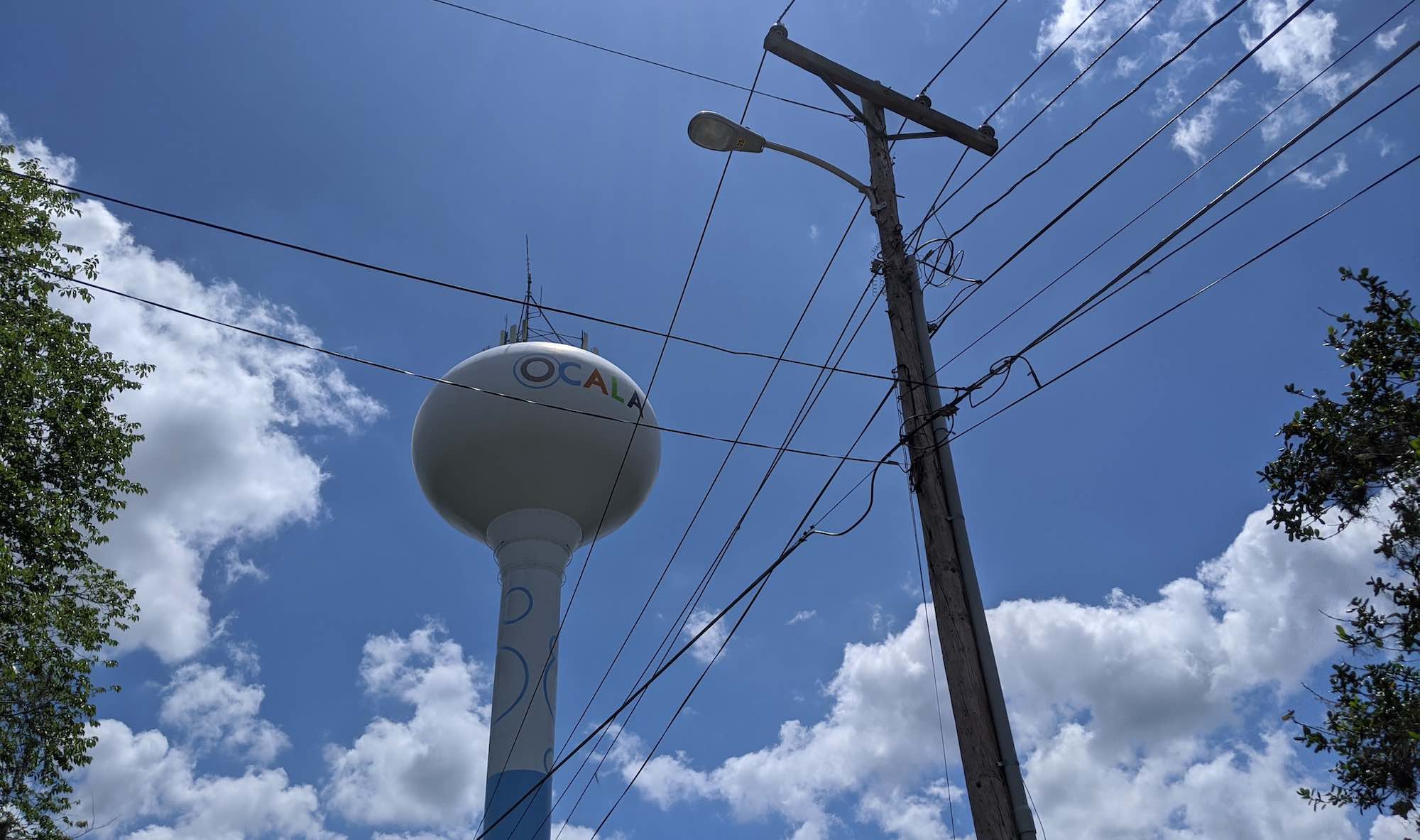 Power lines in front of Ocala water tower