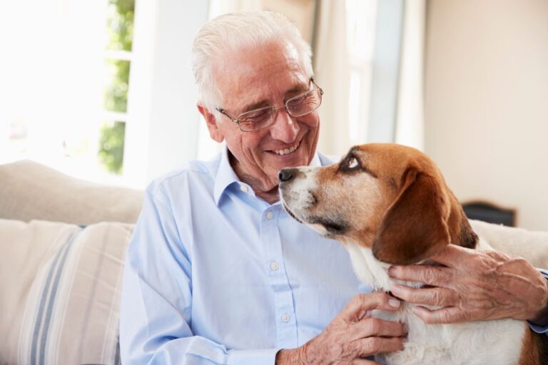 Elderly man with dog inside home closeup (stock image)