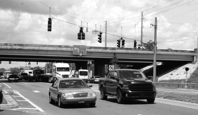 Cars and trucks in traffic on West State Road 40, near I 75 Interstate 75