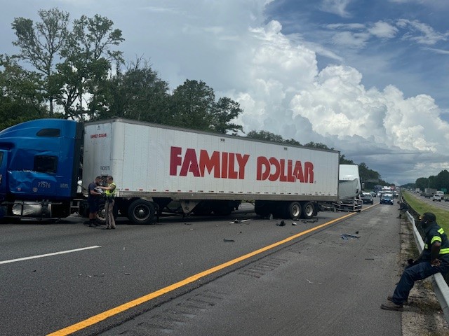 A Family Dollar semi-truck collided with two other semis on I-75 in Alachua County on June 27, 2024. (Photo: Florida Highway Patrol)