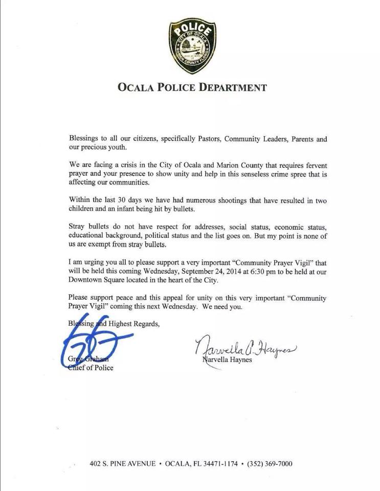 Ocala Police Department letter issued for the Community Prayer Vigil in September 2014. (Photo: Facebook)
