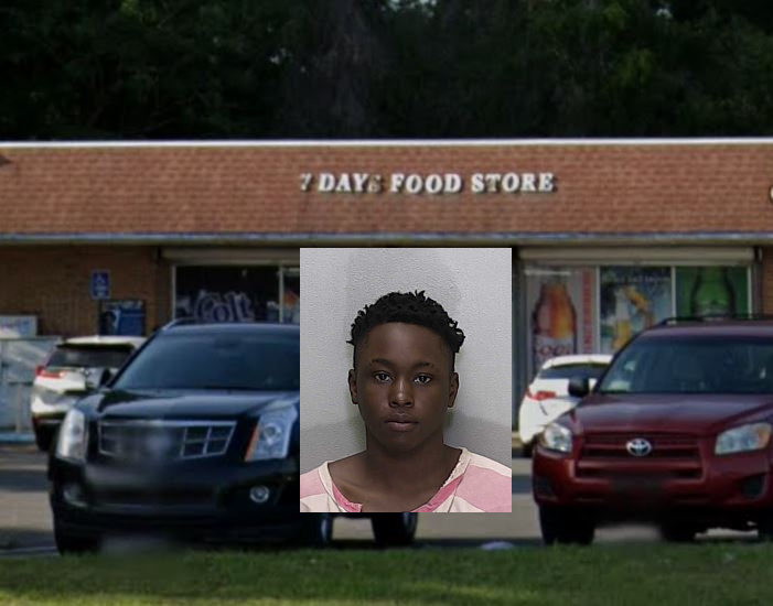 Leandre Rashad Cox mugshot in front of 7 Days Food Store