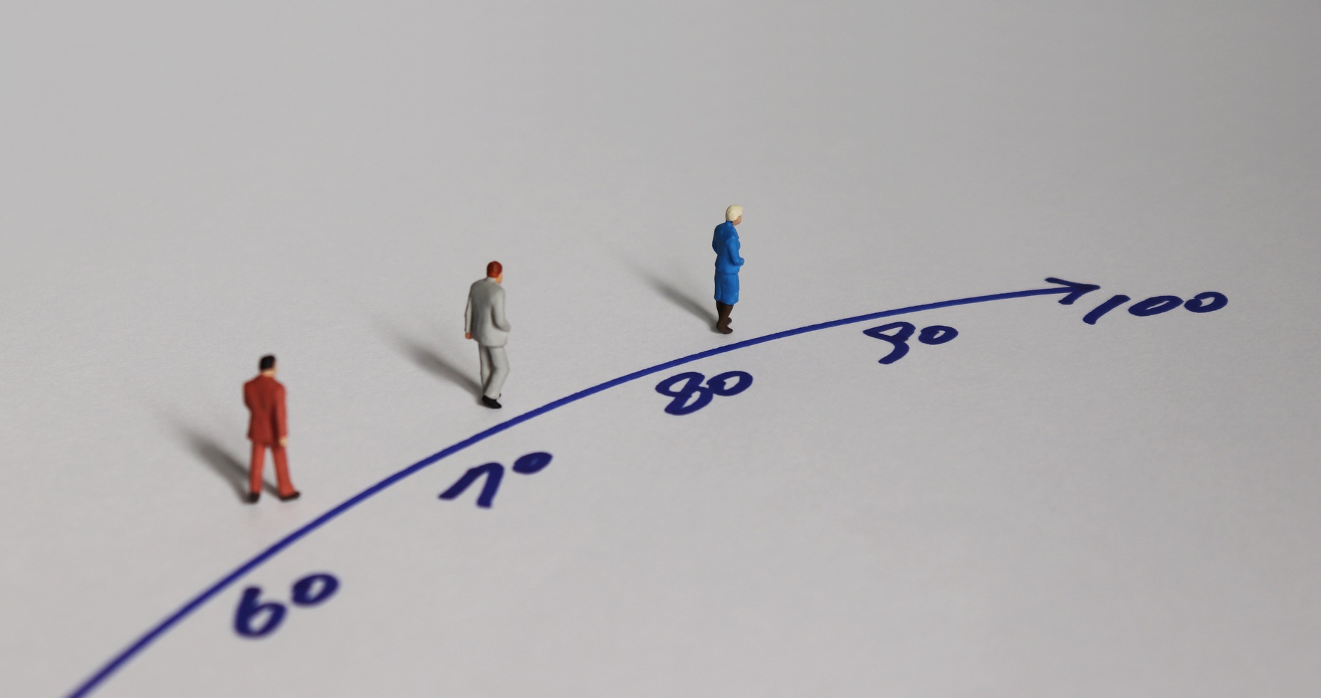 Men walking along age meter with years to illustrate life expectancy