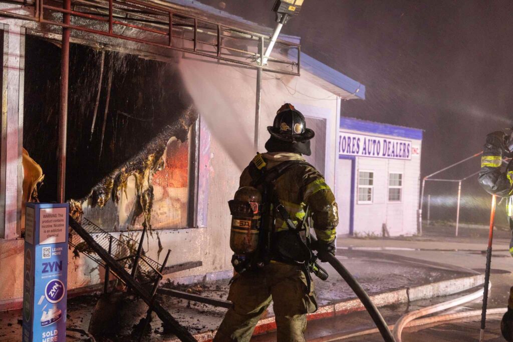 Firefighter battles flames at Marathon gas station. Photo: Marion County Fire Rescue