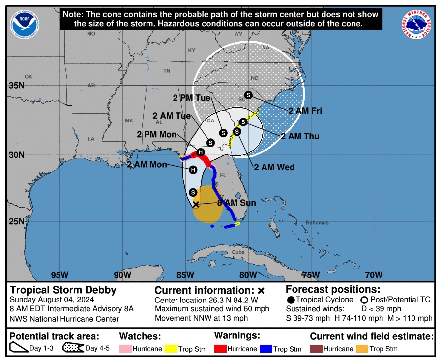 Tropical Storm Debby as of 8 a.m.