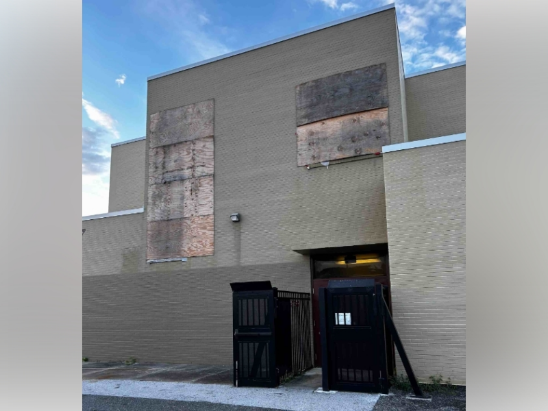 Boarded windows at North Marion High School on September 10, 2024.