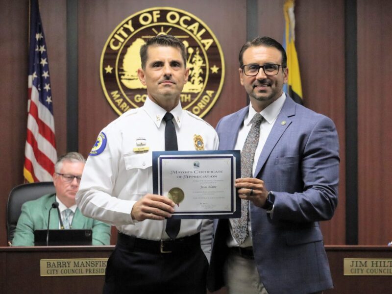 OFR Captain Jesse Blaire (left) and Mayor Ben Marciano (right) at the Ocala City Council Meeting on September 17,, 2024. (Photo: Ocala Fire Rescue)