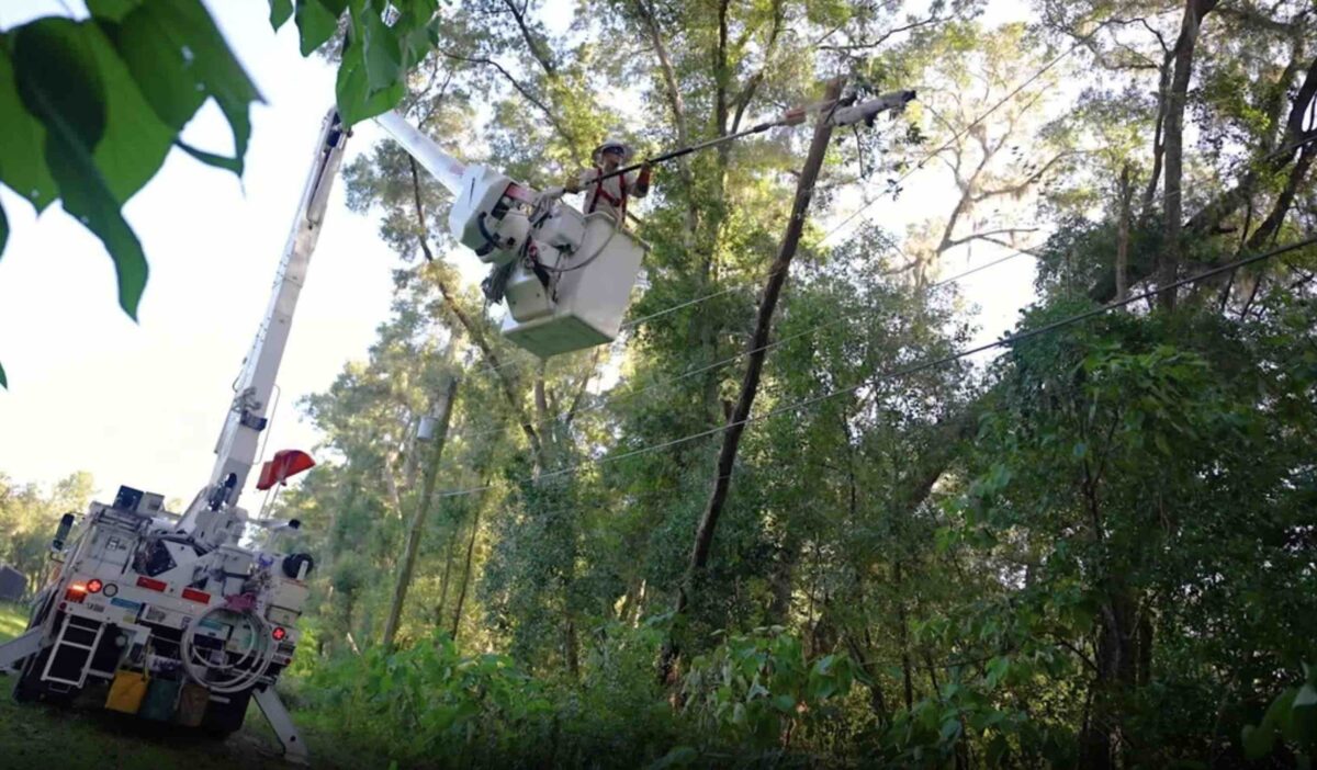 Duke Energy technicians work to clear damage and restore power in Marion County, Fla., following Hurricane Milton. (Oct. 11, 2024)