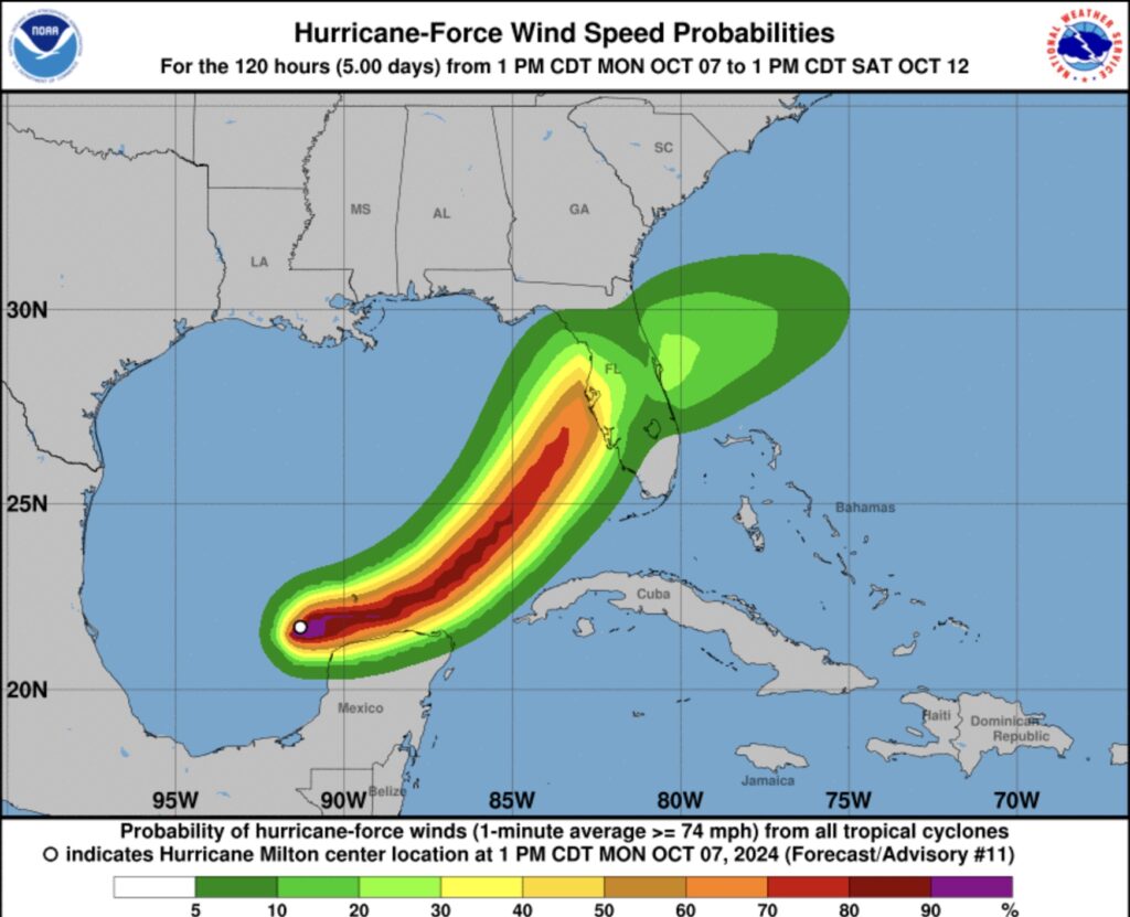 This map shows the probability of hurricane-force winds caused by Hurricane Milton, which should pass through Florida on Wednesday and Thursday.