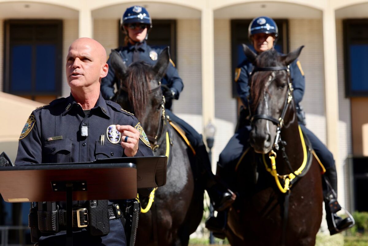 Ocala Police Chief Mike Balken welcomes the new Mounted Patrol Unit during a pinning ceremony on Thursday