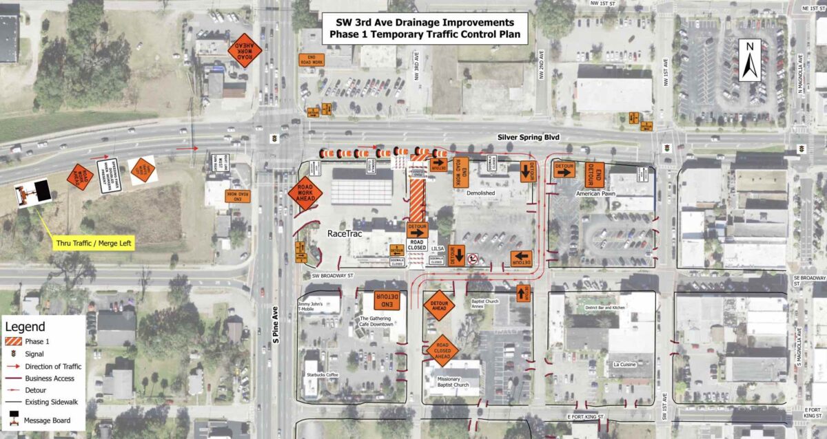 Phase 1 of long-term construction in downtown Ocala has begun, with crews working to improve drainage along SW 3rd Avenue.