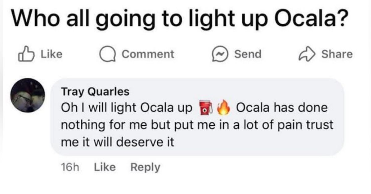 A 21-year-old Ocala resident was arrested by police after he allegedly threatened on Facebook to conduct a "mass act of violence" during this Saturday's Light Up Ocala event.