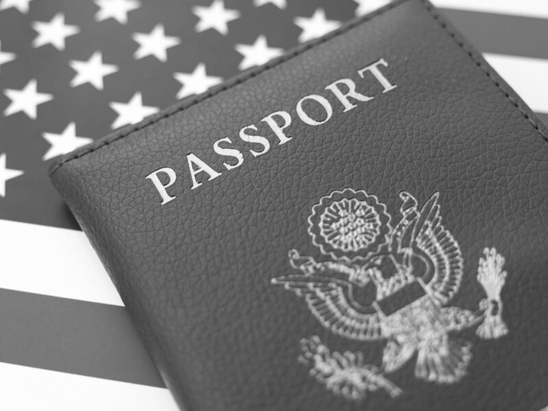 Passport on the flag of the United States of America