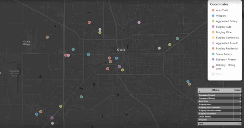 A crime map showing arrests for serious offenses in Ocala from January 5 to January 19, 2025. 